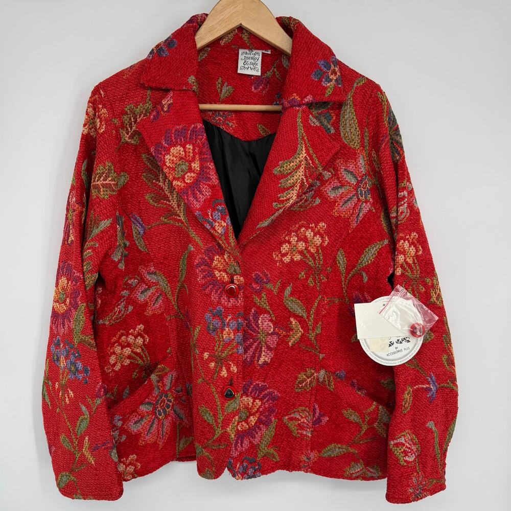 Parsley & Sage Blazer Women's XL Tapestry Floral Embroidered Art To Wear Red